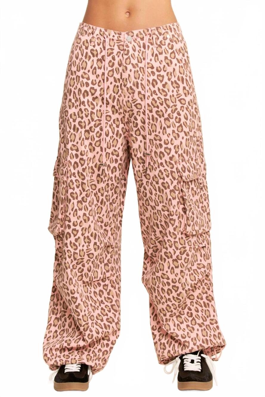 NEW DAVI & DANI animal washed leopard denim elastic pants in pink
